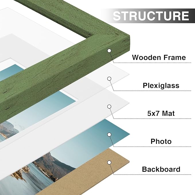 Vittanly 8x10 Picture Frames Set of 9, Shatter Resistant Plexiglass, Display 5x7 Pictures with Mat or 8x10 without Mat, Photo Frames for Wall or Tabletop, Engineered Wood, Rustic Green