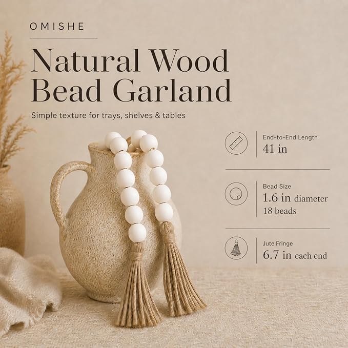 OMISHE Extra Large Wood Bead Garland White with 1.6" Diameter Wooden Beads and Tassels, 41" Long Rustic Farmhouse Country Decorative Beads for Home Tiered Tray Decor, White
