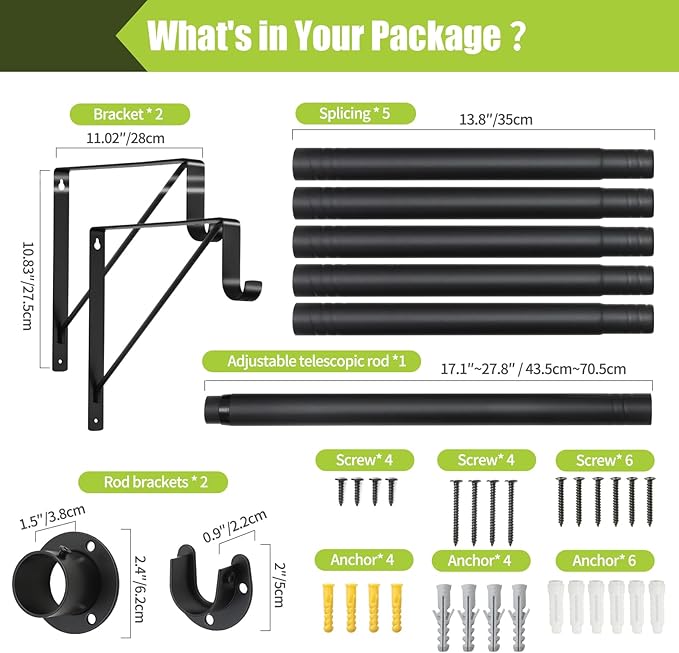 Closet Rod, 17 to 87 Inch Closet Rods 1.3 Inches Heavy Duty Closet Rod Adjustable Closet Rod Closet Rods for Hanging Clothes and Heavy Duty Clost Rod Bracket Closet Rod Support (Black)