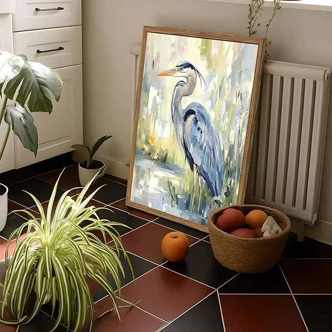 Framed Blue Heron Wall Art, Watercolor Sea Bird Pictures Wall Decor, Coastal Nature Wildlife Animal Paintings Canvas Prints for Living Room Bedroom Bathroom Office Home Decor 12x16 inch