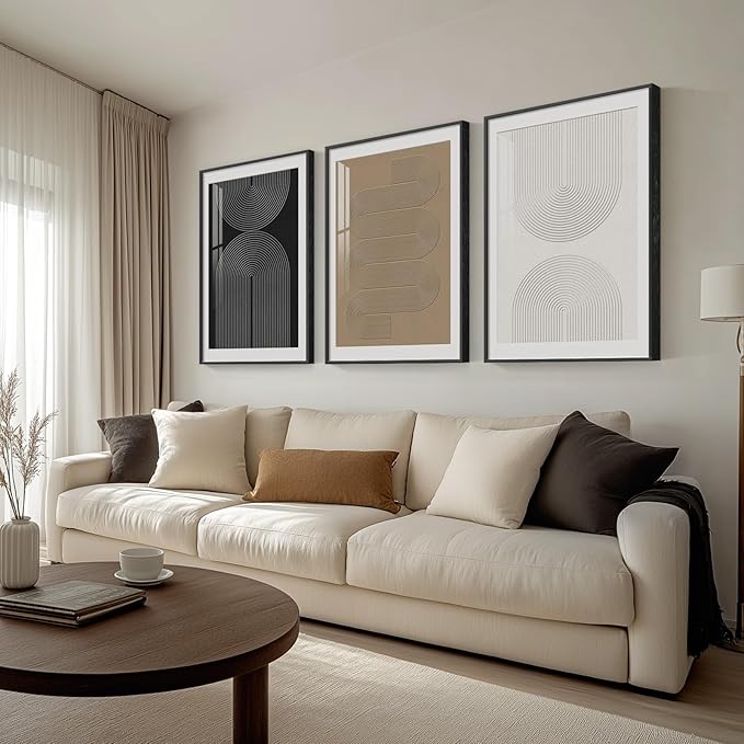 Large Framed Boho Neutral Abstract Wall Art for Living Room, 3 Piece Black White Brown Prints Paintings Artwork for Walls, Modern Minimalist Geometric Pictures for Hallway Office Wall Decor 24x36 In
