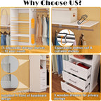 Dilando Closet Organizer System with Drawers, 5FT - 8FT Closet Shelving System 96" Walk in Wood Corner Closet Storage System with 4 Shelves Custom Hanging Rods Heavy Duty Wall Mount, White