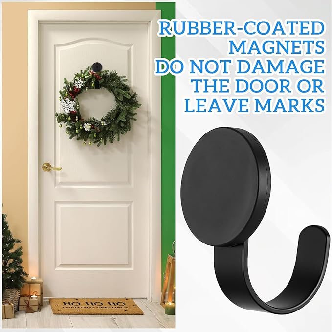 Magnetic Wreath Hanger, Heavy Duty Magnets with Hook for Refrigerator, Christmas Decoration Magnetic Hooks for Metal Front Door, Cruise Hook Hanger for Hanging Cabins Grill Coat Pattern (Black - 4PCS)