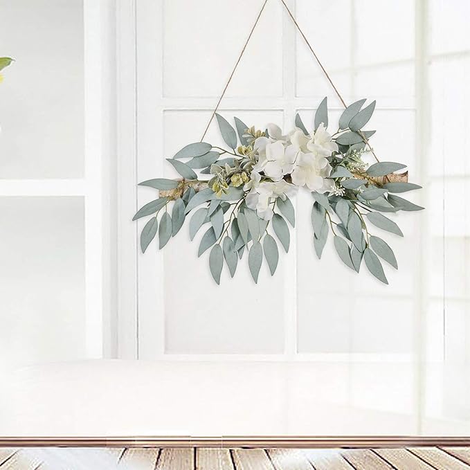 Artificial Hydrangea Swag,Handmade Floral Swag Garland Wall Decor with White Hydrangea Flowers and Willow Leaves Decorative Log Branch Hanging Hoop for Wall Window Bohemian,11.8