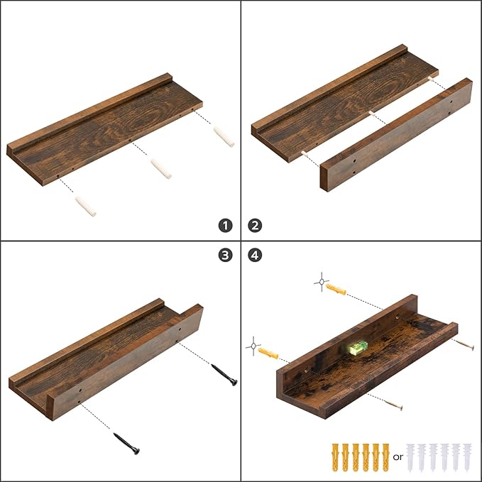 HOOBRO Floating Shelves, Wall Shelf Set of 3, 47.2 Inches Hanging Shelf with Raised Edge and Invisible Brackets, for Bathroom, Bedroom, Kitchen, Office, Living Room Decor, Rustic Brown BF92BJ01