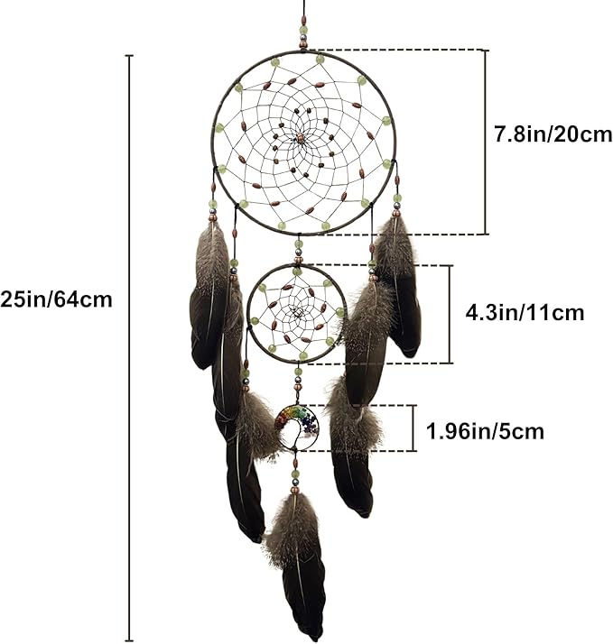 Dream Catchers for Adults with Luminous Beads Dream Catcher with 7 Chakra Handmade Wall Decor with Native Feather Hanging Ornament for Bedroom Brown