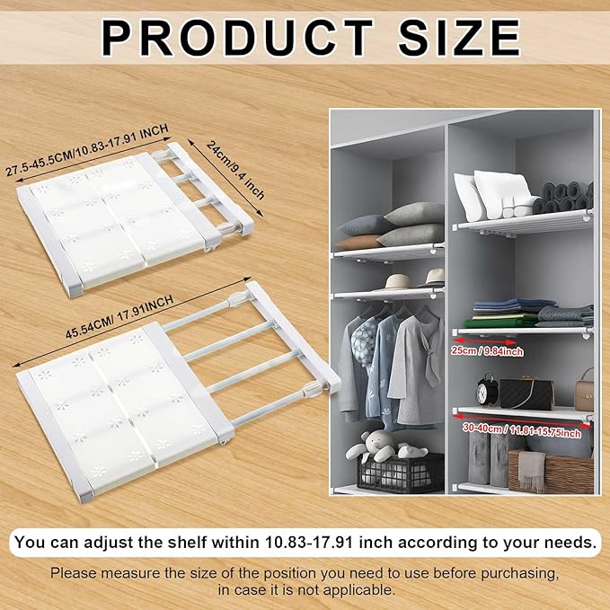 Gerrii 6 Pcs Closet Tension Shelf Rod Expandable Shelf Locker Organizer Adjustable Storage Rack Scalable Layered Divider Separator for Cabinet Wardrobe Kitchen Bathroom (10.83''-17.91'')