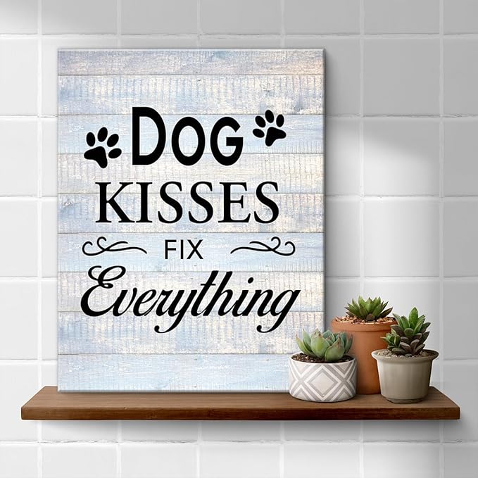 Funny Farmhouse Dog Canvas Wall Art Decor Dog Kisses Fix Everything Rustic Sign Painting Plaque Vintage Animal Pictures Print Home Decoration (8 X 10 Inches, Framed)