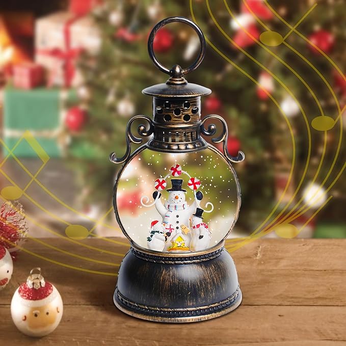 Christmas Snow Globes Lantern, 8 Songs, 6H Timer, Battery & USB Powered, Brown Plastic Classic Snow Globe