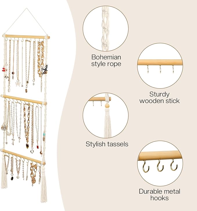 Hanging Jewelry Organizer Macrame Necklace Holder, with 30 Hooks, Over Door Necklace Rack, Wall Mounted Jewelry Hanger with Tassel Boho for Necklace Headband Bow Earring Bracelet