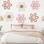 Zeyune 6 Pcs Boho Nursery Daisy Flower Wall Art Decor Woven Macrame Wall Pediments Boho Daisy Floral Nursery Art Decor for Home Bedroom Decorations(Classic Color,Yarn and Cotton Rope)
