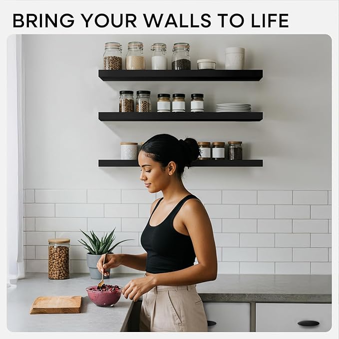 Homeforia Black Floating Shelves 30 inches Long, High End Solid Real Wood 30 inch Floating Shelf for Wall Mounted, Black Wooden 30in Floating Shelves, Heavy Duty Bracket, 30 X 6.5 X 1.75 in, Set of 4