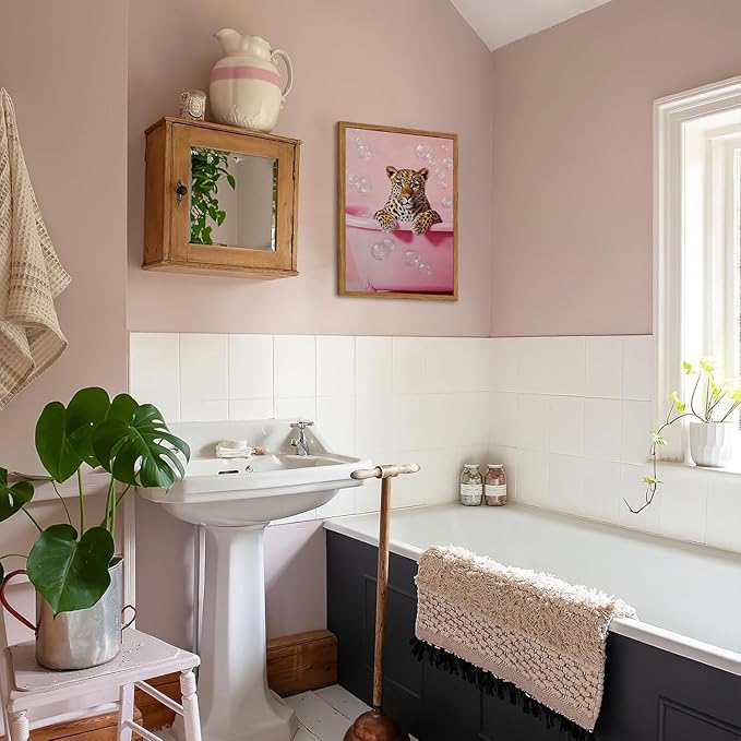 Funny Cheetah Bathroom Wall Art, Pink Leopard in Bathtub Wall Decor Paintings, Cute Animal Bathroom Poster Canvas Prints Maximalist Dopamine Girl Washroom Artwork 12x16 inch Framed