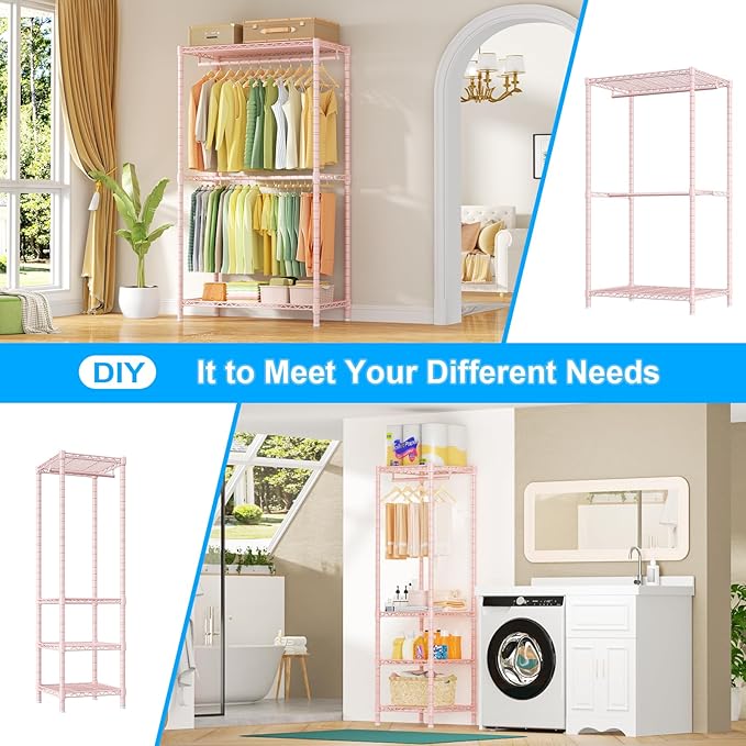 Ulif E10 Clothes Rack（With Stretchable Hanger Rod）Freestanding Clothing Racks for Hanging Clothes，Adjustable Closet Organizer System，Portable Garment Rack 73-97"W x 15" D x 72" H，Max Load 800LBS，Pink