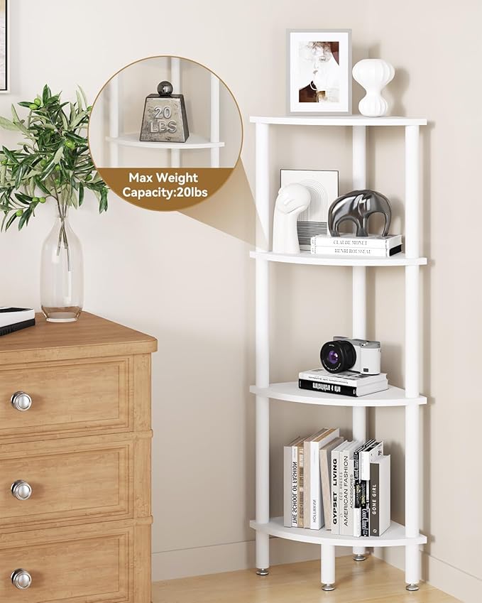 IBUYKE 4 Tier Corner Shelf Stand,Industrial Corner Display Rack,Corner Bookshelf for Living Room, Bedroom, Kitchen, Home Office, White WBC014W