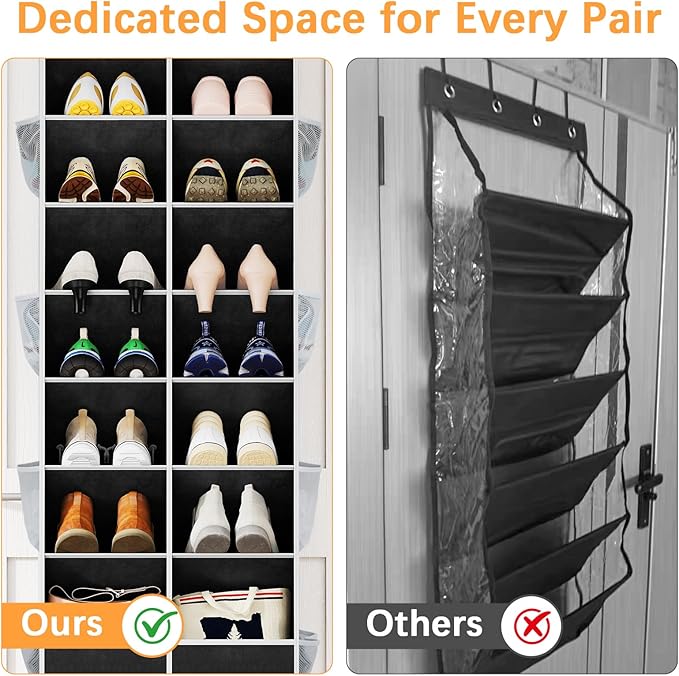 Yecaye 8 Tier Over the Door Shoe Organizer of Deep 16 Compartments, 50lbs Load Shoe Rack for Door in Oxford Holds 16-24 Pairs, Stain-Resistant Hanging Shoe Organizer for Closet, Black