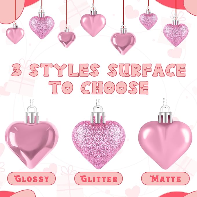 48PCS Valentine's Day Ornaments, Pink Heart Shaped Decorations, 2 Sizes Hanging Baubles, Glossy Ornaments for Wedding Anniversary Home Party Decor