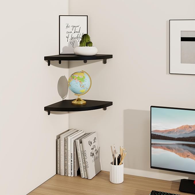 Fun Memories Corner Shelf Wall Mount Set of 2 - Solid Oak Wood Floating Corner Shelf with Cable Hole, 8.5in Rustic Design for Bedroom, Living Room, Kitchen (Black)