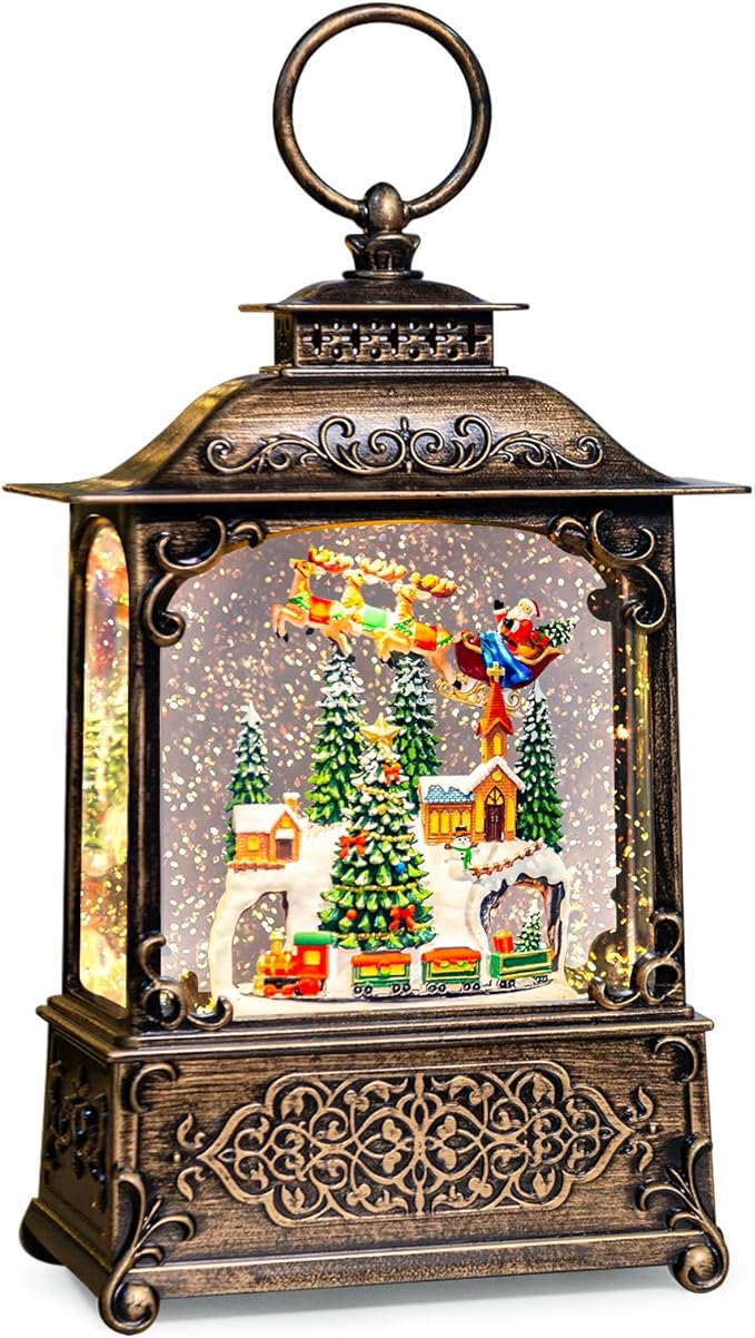 Christmas Snow Globes Lantern with Music, Winter Village Scene Snow Globes with Swirling Glitter Effects, USB/Battery Powered with 6-Hour Timer, Christmas Decorations