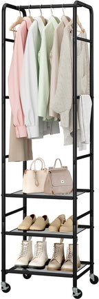 Small Clothes Rack with 3 Shelves, 72 Inches Tall Coat Garment Rack with Wheels, Display Clothing Racks for Hanging Clothes for Entryway, Hallway, Bedroom, Office, Living Room, Black