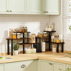 3-Tier Corner Countertop Organizer – Kitchen Counter & Bathroom Vanity Organizer, Coffee Bar Corner Shelf, Spice Rack Stand, L-Shaped Space-Saving Storage, Rustic Brown and Black, Wood