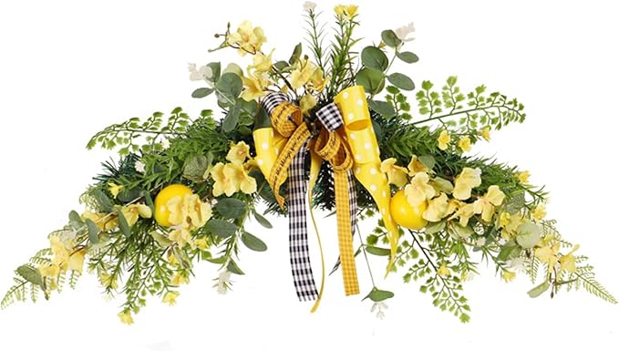 Flower Swag, 24 inch Floral Swag with Lemon, Decorative Wedding Welcome Sign with Large Bow for Wedding Arch Front Door Wall Home Decor, Floral, Flower