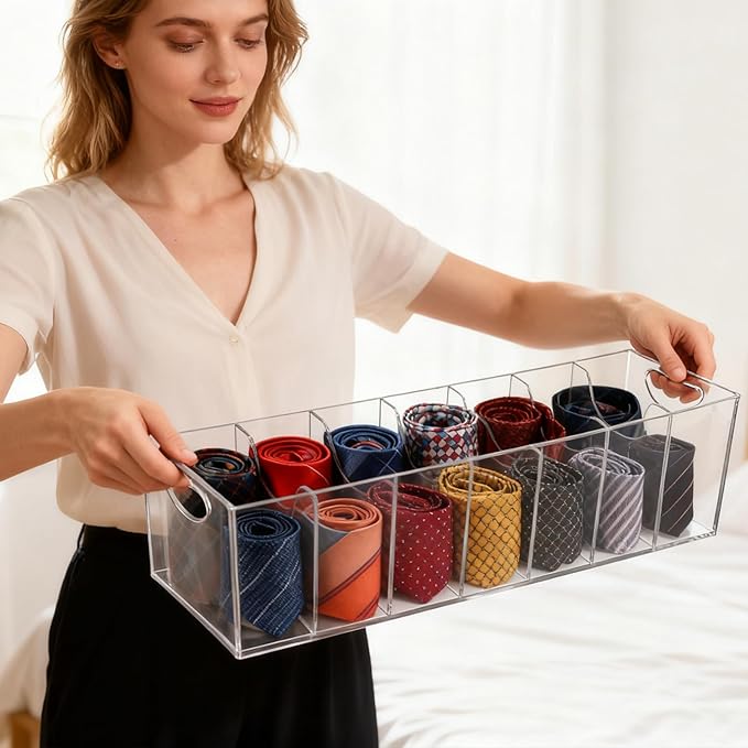 Belt Organizer - 7 Compartment Acrylic Belt Display Case for Closet Ties and Bow Ties
