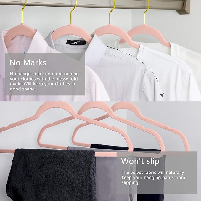 MIZGI Premium Velvet Hangers (Pack of 50) Heavyduty - Non Slip - Velvet Suit Hangers Blush Pink - Gold Hooks,Space Saving Clothes Hangers Felt Organizer