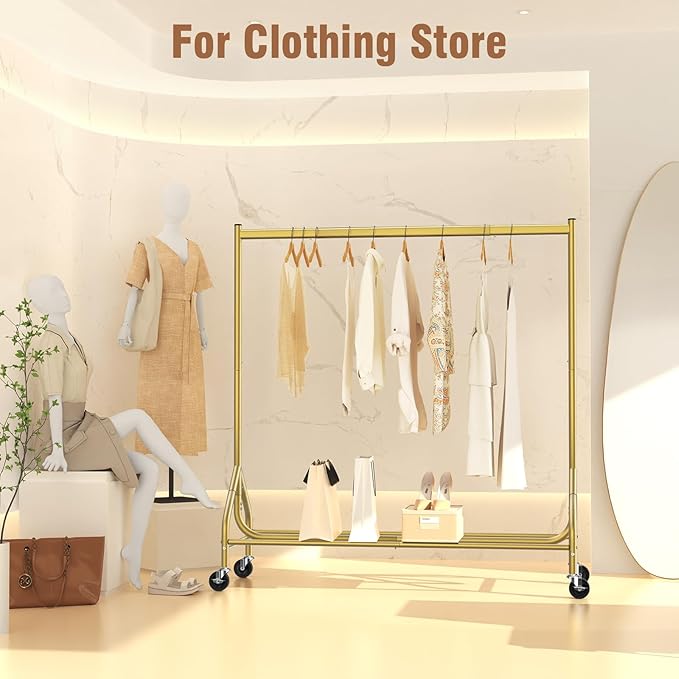 EAGMAK Heavy Duty Clothes Rack Load 420 LBS, Rolling Garment Rack with Lockable Wheels, Standing Metal Clothing Rack, Portable Wardrobe Sturdy Coat Rack for Hanging Clothes (Gold, 59″×18.9″×63″)