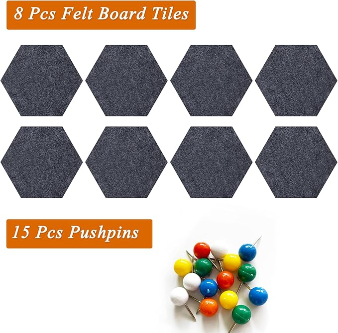 8 Pcs Hexagon Felt Cork Bulletin Board Tiles, Self Adhesive DIY Bulletin Board Pin Board for Office School Home Wall Decor Memos Photos Display(Deep Grey)