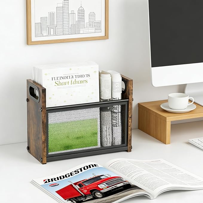Magazine Rack & Holder, Mesh Magazine Rack Floor, Multi-Purpose Storage Organizer for Magazines, Books, Newspapers, Mail, Tablets | Magazines Storage Basket for Home, Office, Bathroom, Vintage Brown