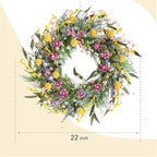 22" Spring Summer Wreath for Front Door - Colorful Wildflower Wreath with Lavender & Forsythia, Everyday Floral Wreaths for Front Door Outside, Spring Door Wreath for Indoor Home Decor