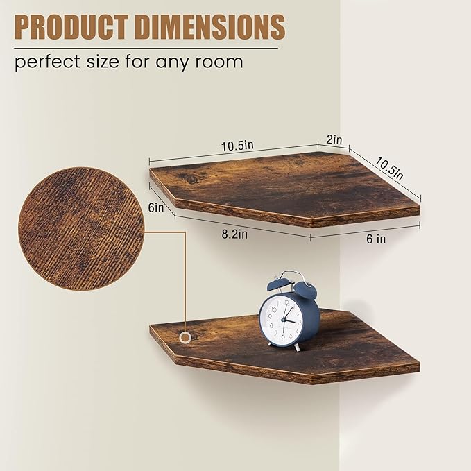 Fun Memories Corner Shelf Wall Mount, Floating Corner Shelves, Set of 2 Corner Wall Shelf Organizer, Rustic Wood Wall Storage Display Shelves for Living Room Bedroom Bathroom Kitchen, Rustic Brown | Organizer
