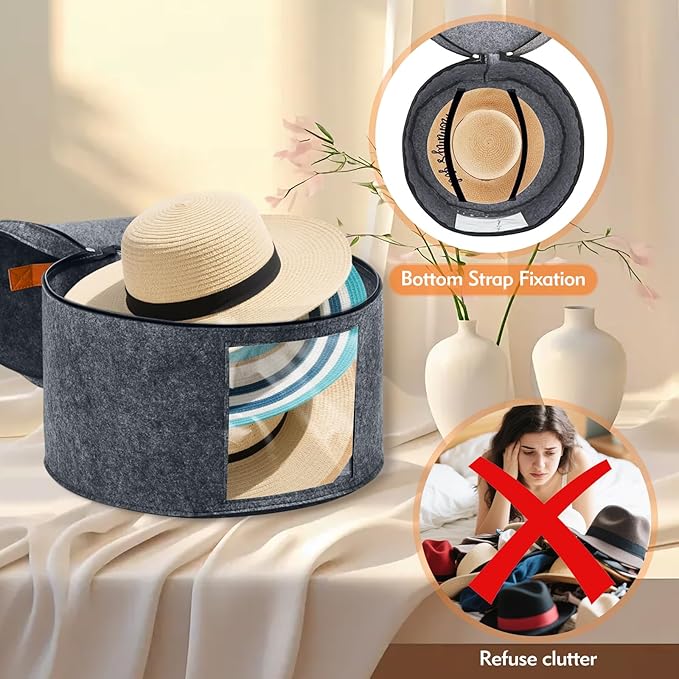 Round Hat Box, Stackable Felt Hat Boxes for Women Storage, Foldable Premium Hat Travel Case with Dustproof Lid, Space Saving Hat Organizer (Grey)