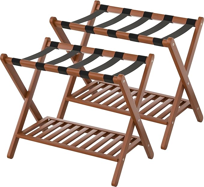 Luggage Racks Set Of 2 Suitcase Stand Foldable With Storage Shelf For Guest Room Hotel Essentials Solid Bamboo Heavy-Duty Item Holder Chestnut Brown