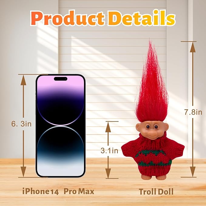 Retro Vintage Lucky Troll Dolls Assorted Hair Colors Chromatic Adorable for Collections, School Project, Arts and Crafts, Party Favors (Red)
