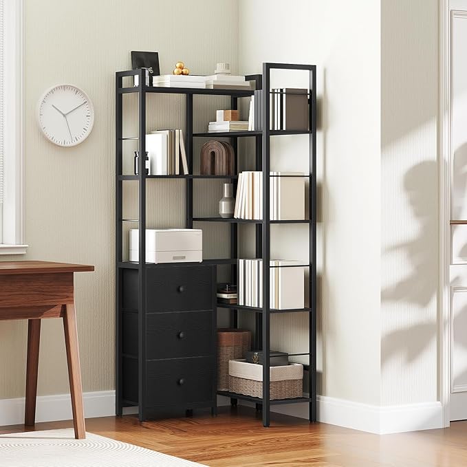 YATINEY Corner Bookshelf, 7 Tier L-Shaped Bookcase with 3 Drawers, Storage Corner Shelf, Freestanding Tall Display Shelf, Industrial Style, for Living Room, Home Office, Black SJ10BB