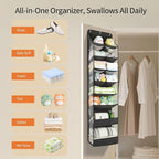 Yecaye Over the Door Shoe Organizer Hanging with Large Pockets, 8 Tier Back of Door Storage for Nursery, Closet and Bathroom, Partition Behind Door Organizers Shelf with Baby Clothes (1 Pack, Black)