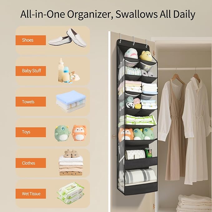 Yecaye Over the Door Shoe Organizer Hanging with Large Pockets, 8 Tier Back of Door Storage for Nursery, Closet and Bathroom, Partition Behind Door Organizers Shelf with Baby Clothes (1 Pack, Black)