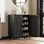 Farmhouse Shoe Cabinet with 2 Barn Doors & Wood Legs, 5-Tier Shoe Storage Cabinet with 3 Adjustable Shelves, Tall Shoe Rack Organizer for Closet, Shoe Organizer for Entryway, Hallway, Black