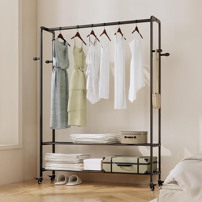 Black Rolling Garment Rack with Shelves and Hooks,Freestanding Metal Clothing Rack with Wheels,Large Clothes Hanging Rack for Bedroom,Closet, Entryway,Wardrobe,Boutique Display
