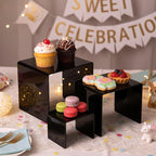 Chuangdi 2 Sets Acrylic Display Risers, Product Stand, Jewelry Display Riser Shelf Showcase Fixtures for Dessert Cupcake Candy Figure Treat Action Showcase(Black,Medium Set)