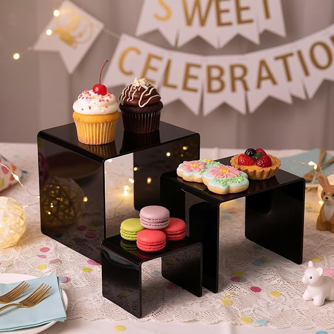 Chuangdi 2 Sets Acrylic Display Risers, Product Stand, Jewelry Display Riser Shelf Showcase Fixtures for Dessert Cupcake Candy Figure Treat Action Showcase(Black,Medium Set)