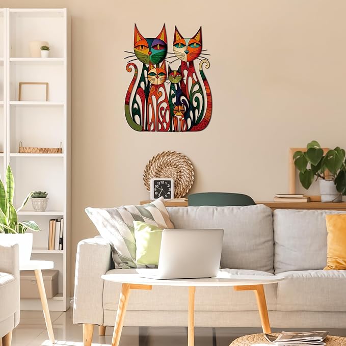 Wesiti Cat Wall Art Decor Iron Wall Sculptures Decor for Cats Lover 11 x 11.8 Inches Colorful Mid Century Cat Retro Signs for Home Living Room Bedroom Kitchen Office(Vintage-chic)