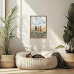 Framed Dog Canvas Wall Art, Cute Three Dogs in Flower Field Pictures Wall Decor, Rustic Farmhouse Animal Nature Paintings Prints Home Decor for Living Room Bedroom Bathroom 16x24 inch