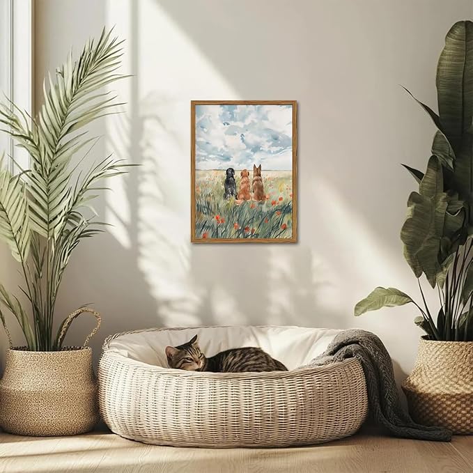 Framed Dog Canvas Wall Art, Cute Three Dogs in Flower Field Pictures Wall Decor, Rustic Farmhouse Animal Nature Paintings Prints Home Decor for Living Room Bedroom Bathroom 16x24 inch