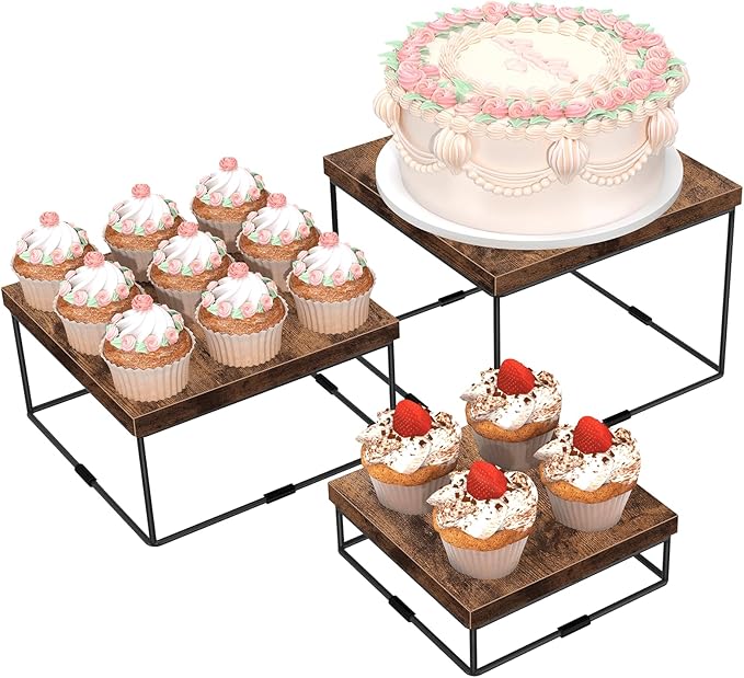 ELITEROO Buffet Risers and Stands, 3 Tier Wood Display Risers, Cake & Cupcake Stands, Dessert Table Display Set, 3Pcs Cube Display Base for Wedding Birthday Party Decor, Rustic Brown, 6"x7"x8"