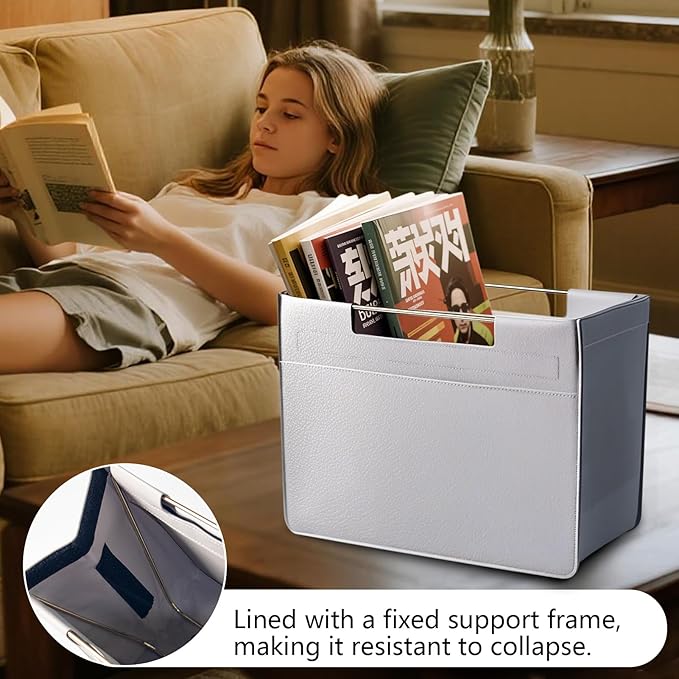 Leather Magazine Holder Foldable with Handles，Stable Magazine Rack Floor，Magazine Basket File Holder Storage，Document File Folder Organizer Free Standing for Office Living Room (grey)