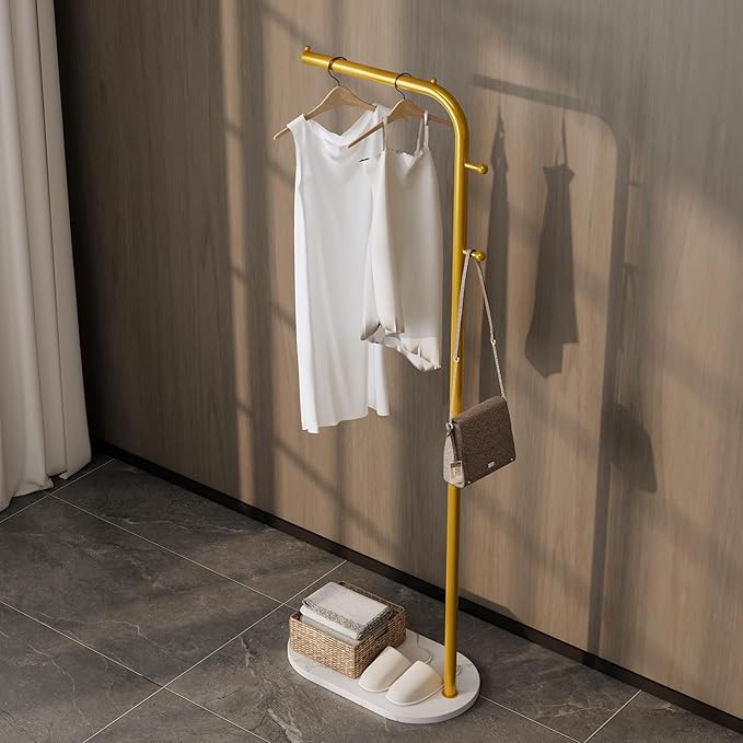 Freestanding Clothing Rack with Marble Base,Modern Garment Rack for Small Spaces,Sturdy Metal Coat Rack with Hooks,Clothes Rack for Hanging Clothes in Bedroom,Closet,Entryway (gold)
