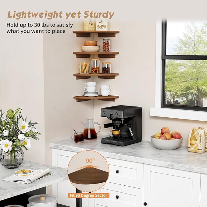 Forbena Corner Bookshelf Wall Mounted Set of 4, Wooden Floating Book Shelves for Nursery, Large Wall Shelving Unit for Living Room Bedroom Bathroom Kitchen Office Classroom Corner (Walnut Color)